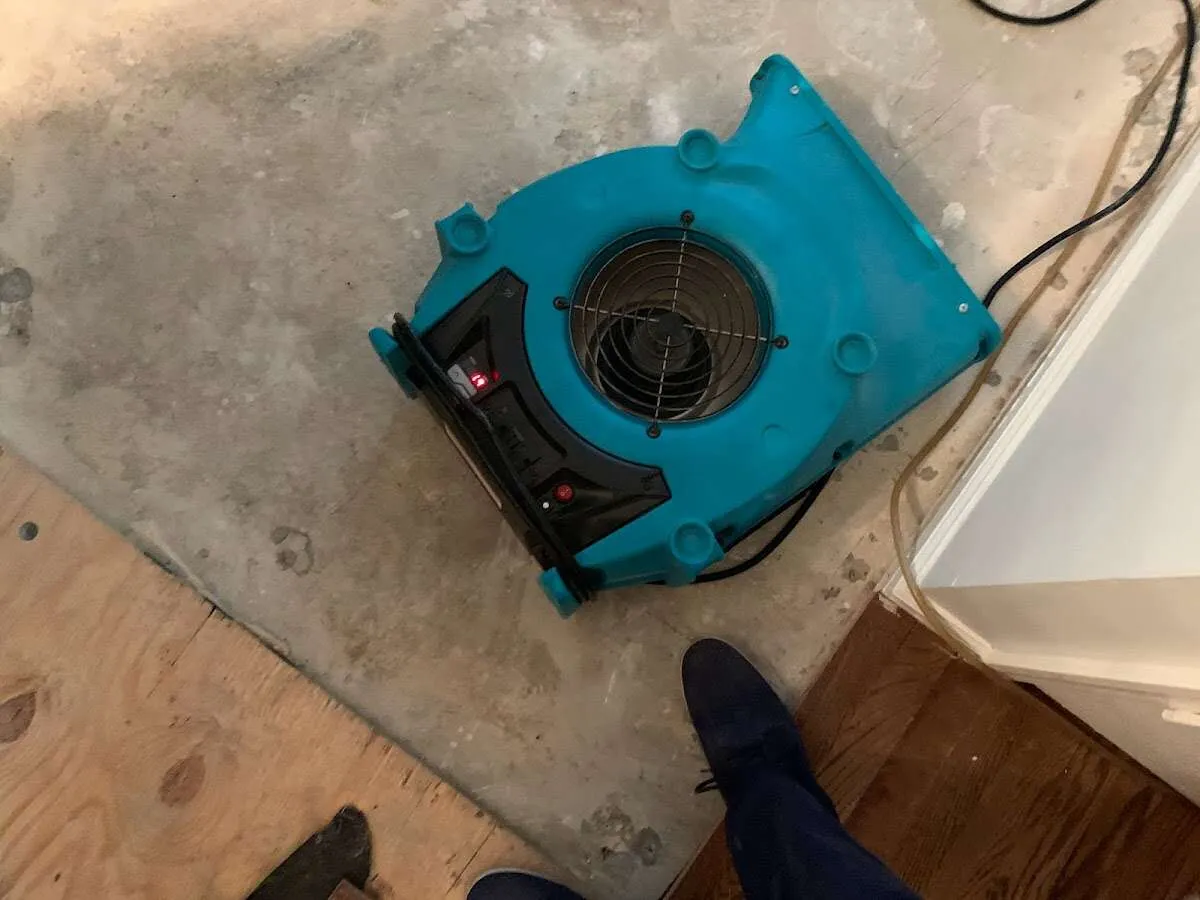 Air mover drying subfloor during Commercial Water Damage Restoration in Oatfield